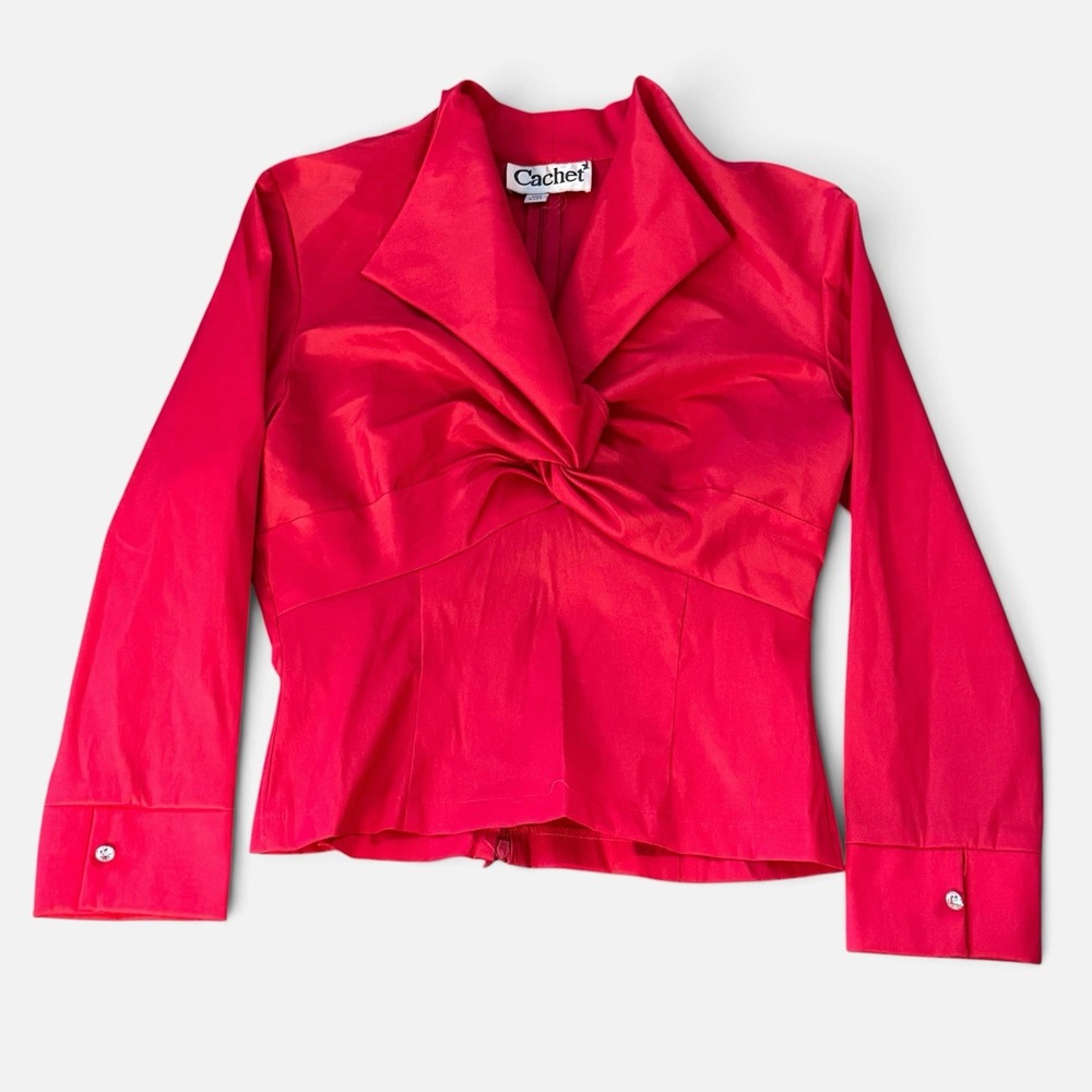 Vintage Cachet Hot Pink Satin Twist Front Top Glam Retro Women's Size 6 Blouse